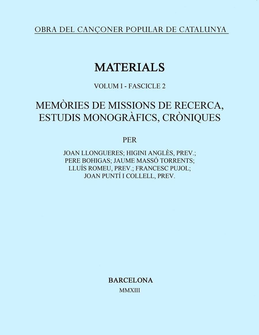 OBRA DEL CANÇONER POPULAR DE CATALUNYA. VOLUM I. FASCICLE 2. MEMÒRIES DE MISSION | 9788498835939 | VARIOS AUTORES